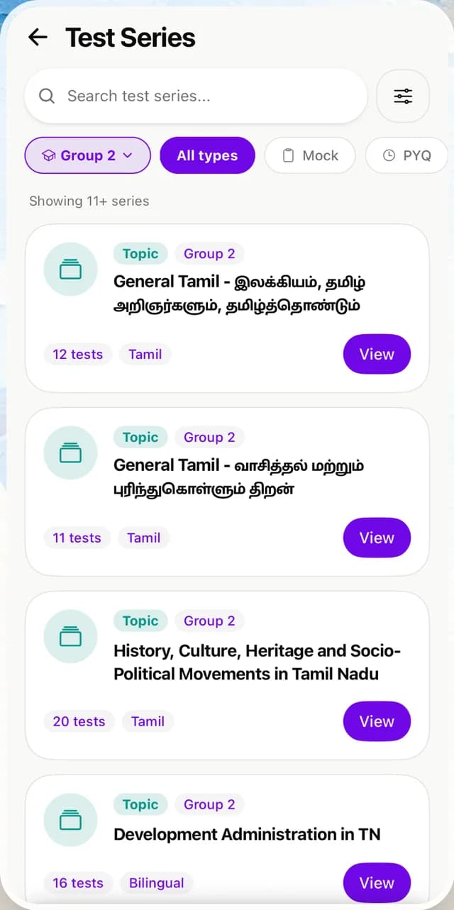 Test series list showing Group 2 and Group 4 mock tests with Tamil titles