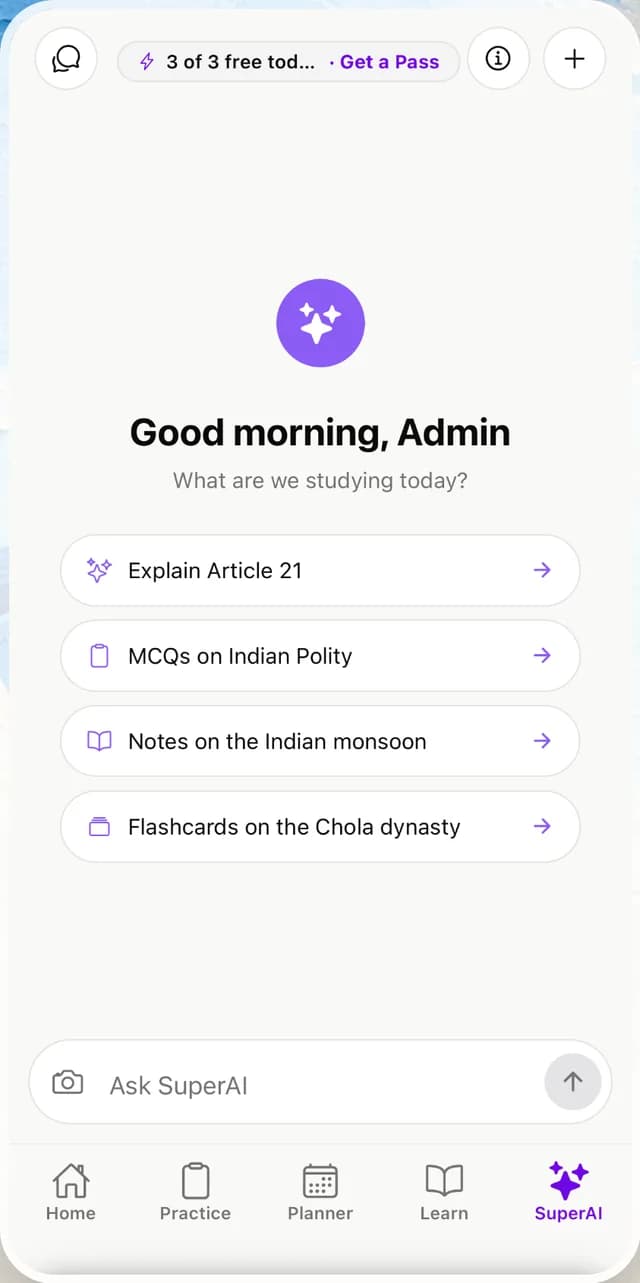 SuperAI home screen in the superprep Android app