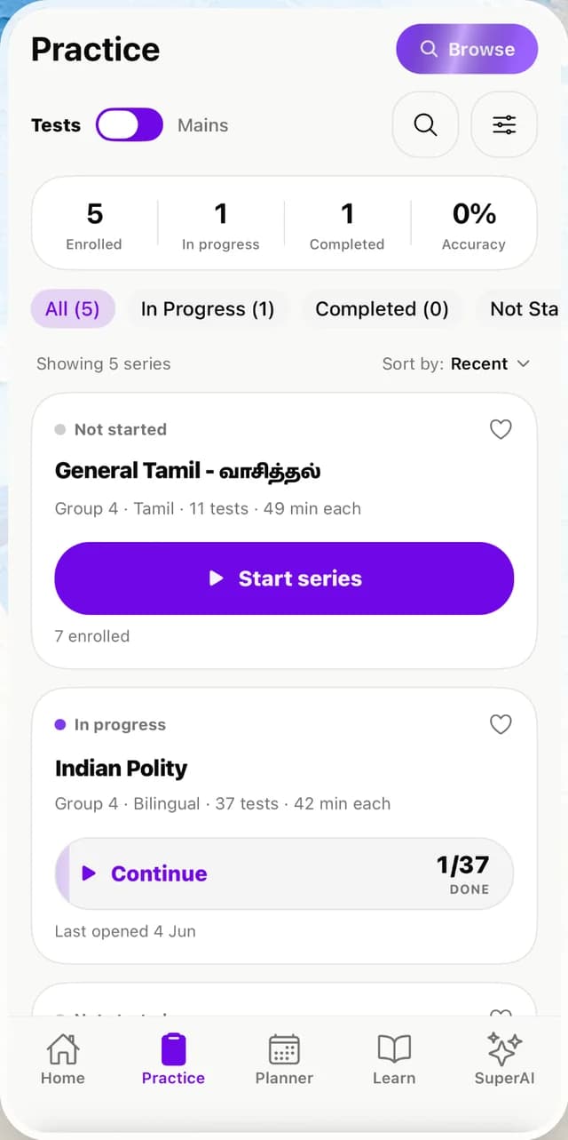 Practice screen showing enrolled series and progress through General Tamil and Indian Polity